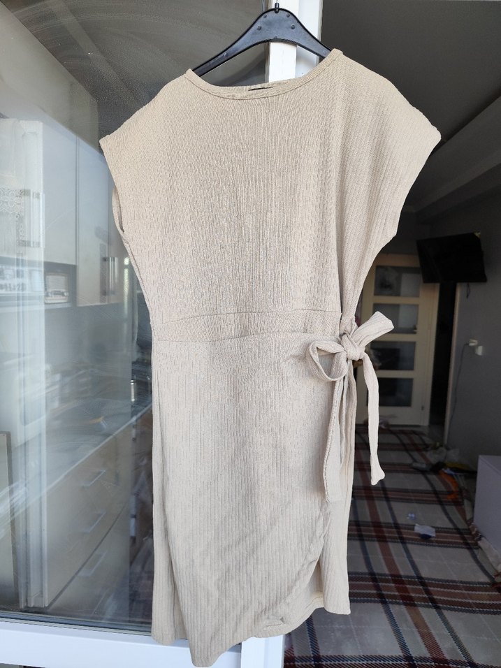 Bej Keten Salaş Midi Elbise Triko - Görsel 5