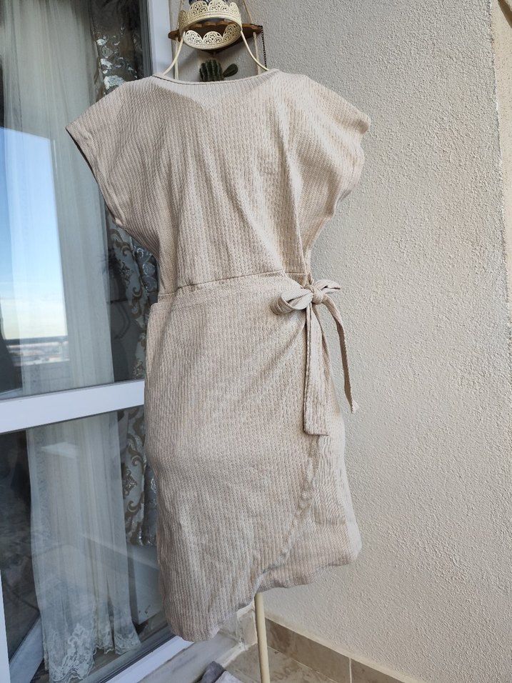 Bej Keten Salaş Midi Elbise Triko - Görsel 2