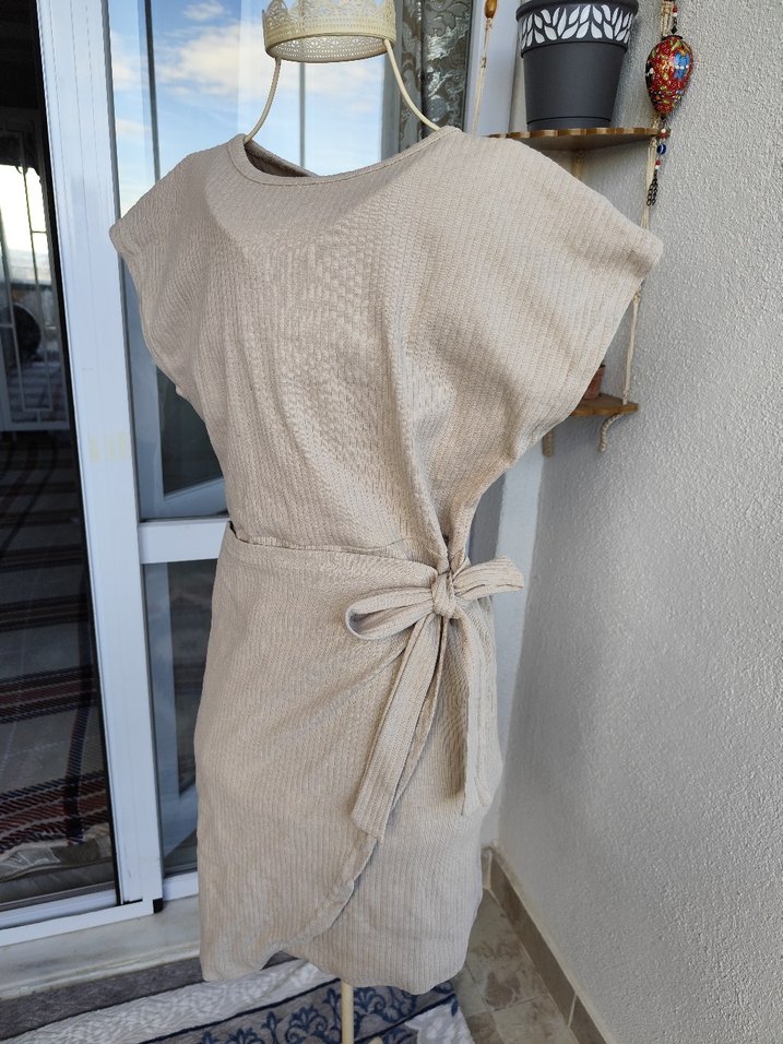 Bej Keten Salaş Midi Elbise Triko - Görsel 3