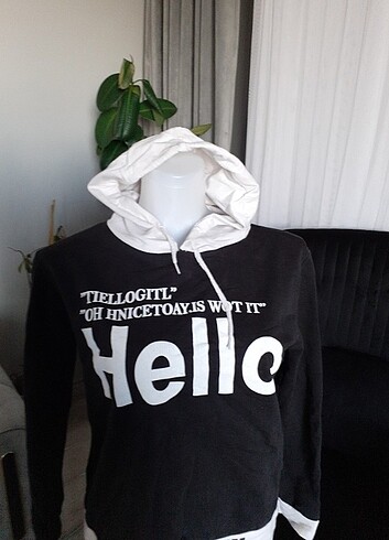 l Beden siyah kapüşonlu yazı baskılı sweatshirt bluz birkaç sararması dı