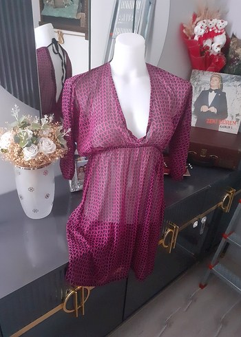 Pembe V Yakalı pareo plaj elbisesi tül