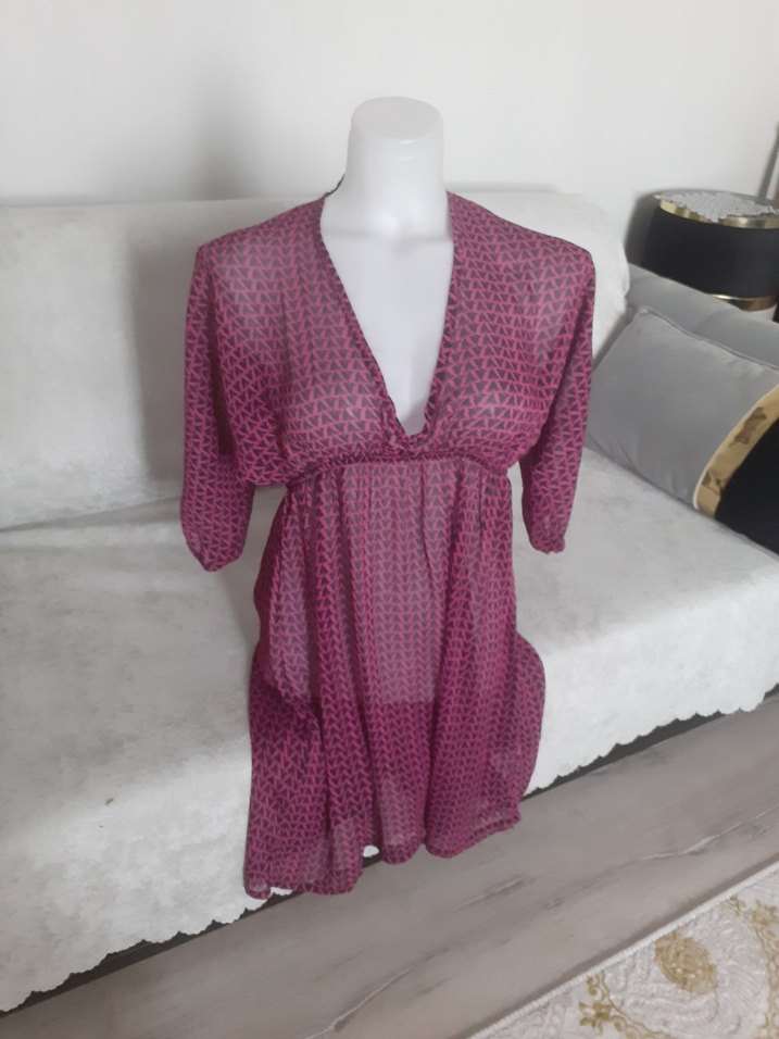 Pembe V Yakalı pareo plaj elbisesi tül - Görsel 3