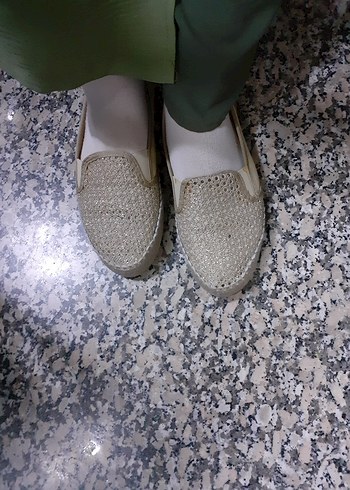 Altın hazeran hasır görünumlü bej Espadril - Görsel 2