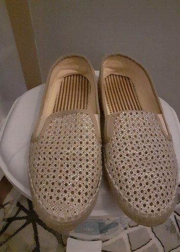 Altın hazeran hasır görünumlü bej Espadril - Görsel 3