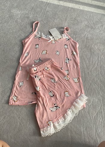 Pembe Baskılı Kadın Mini Pijama Takımı