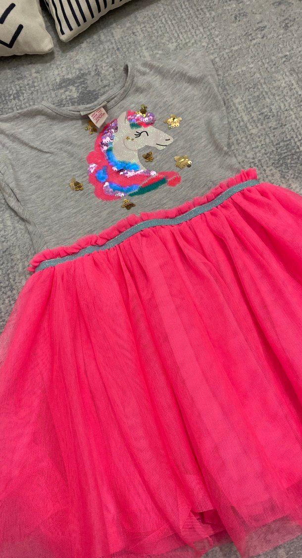 Gri ve Fuşya Kız Çocuk Elbise Unicorn Nakışlı - Görsel 3