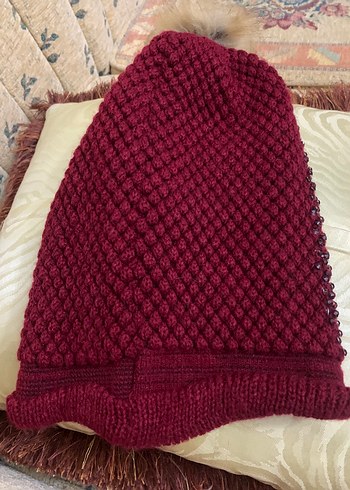 Bordo Parlak Taşlı Örgü Bere - Görsel 2