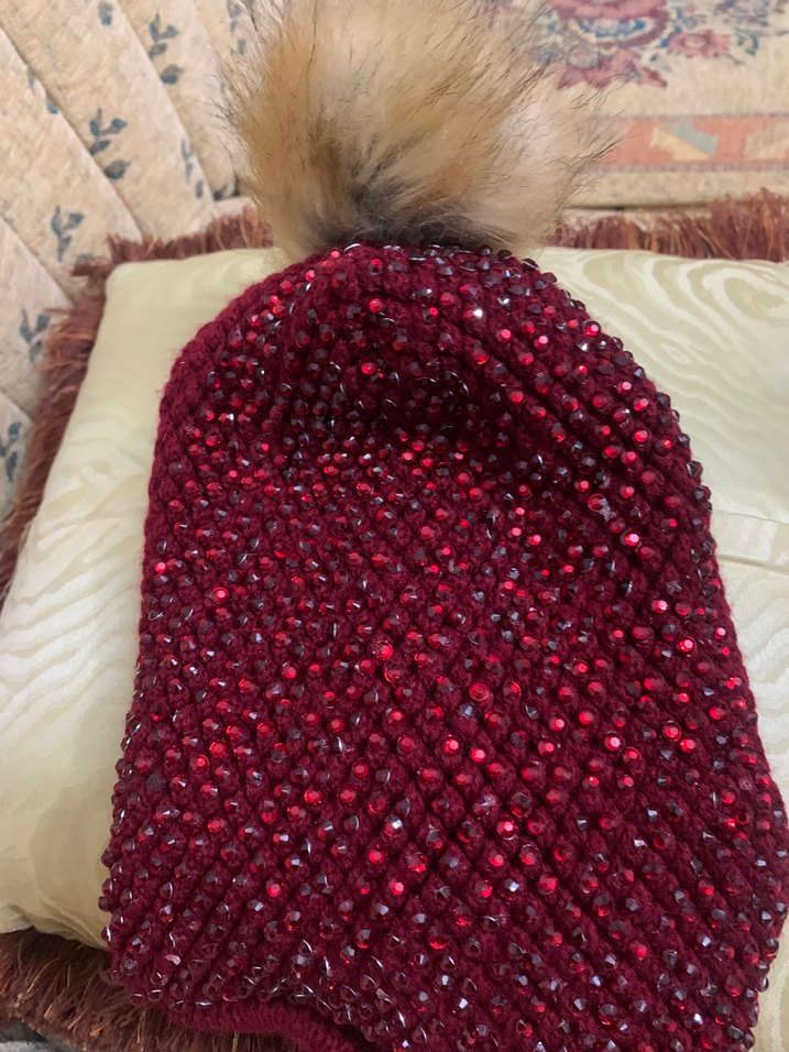 Bordo Parlak Taşlı Örgü Bere - Görsel 3