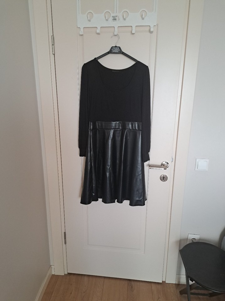 Deri Midi Siyah Kadın Elbise - Görsel 5