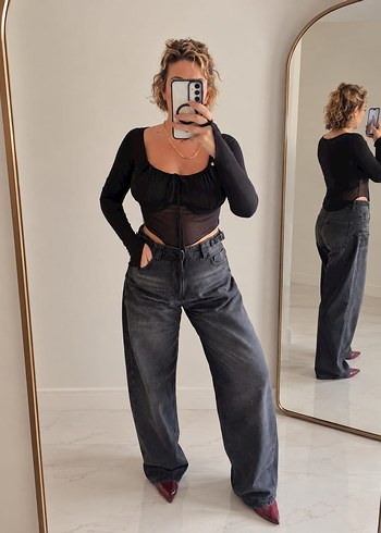 Diğer Siyah Transparan Crop Bluz