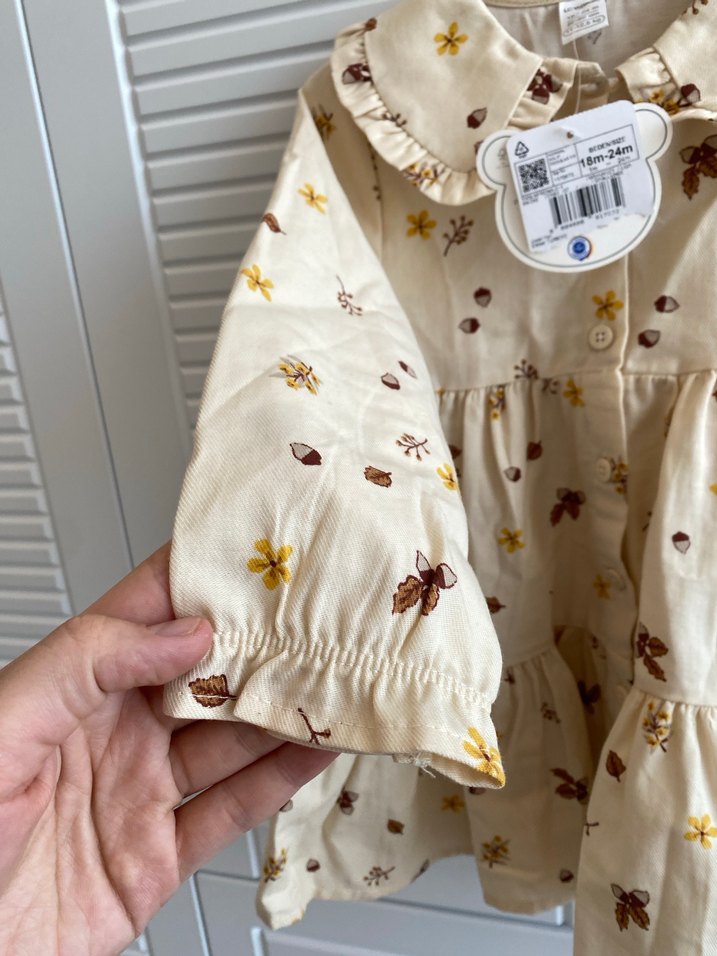 Bej Çiçekli Bohem Uzun Kollu Kız Elbisesi - Görsel 2