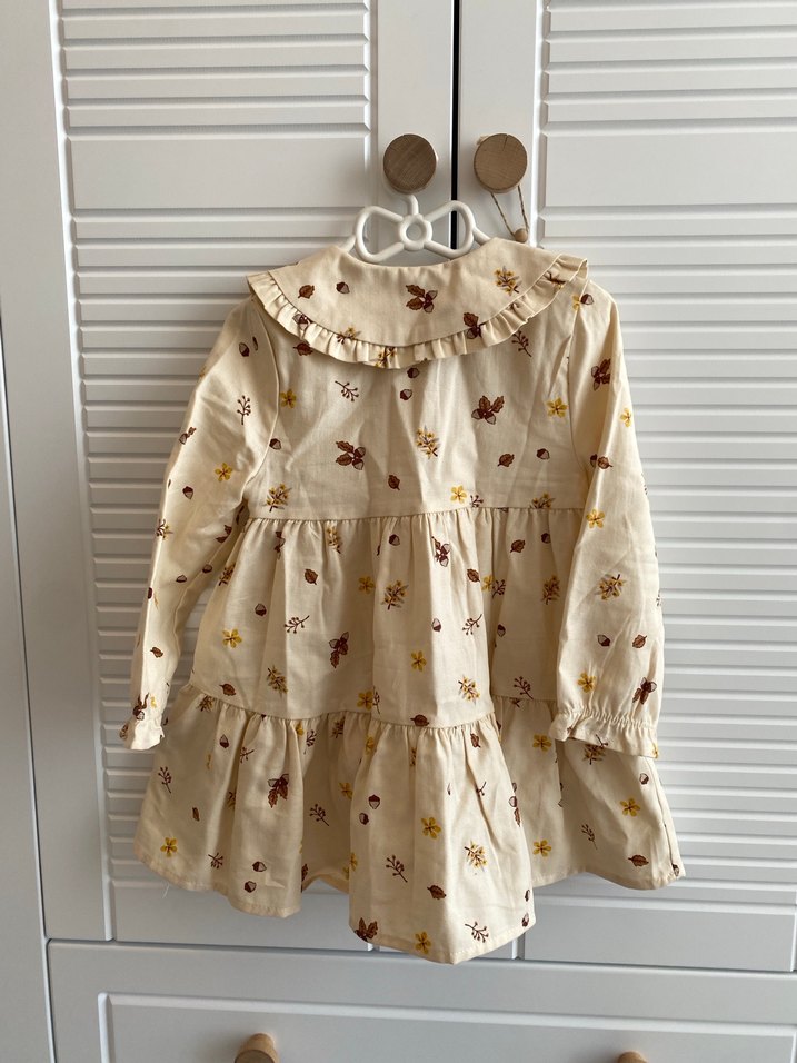 Bej Çiçekli Bohem Uzun Kollu Kız Elbisesi - Görsel 4