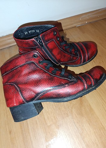 Kırmızı Deri Kadın Bot, Tokalı, Blok Topuklu - Görsel 2