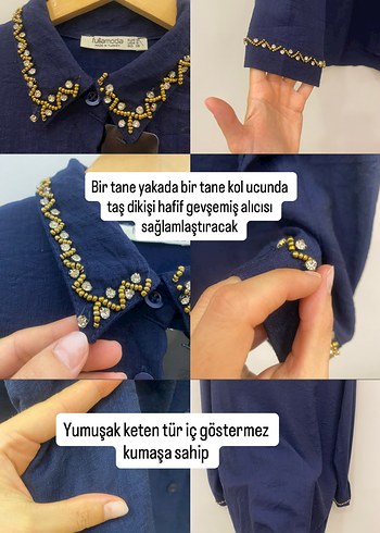 diğer Beden lacivert Renk Taş Boncuk Detaylı Lacivert Keten Tür Kadın Gömlek S-M uyumlu