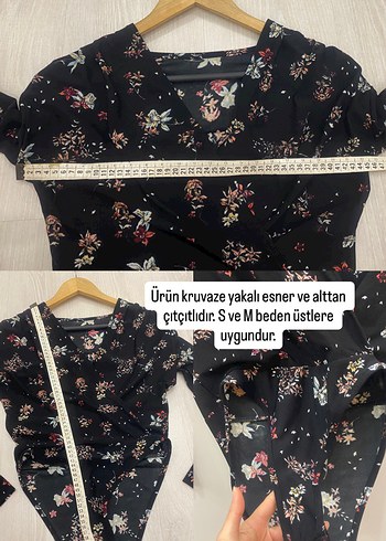 S/M uyumlu Çiçek Desenli Siyah Bohem Çıtçıtlı Kruvaze Kadın Bluz - Görsel 16