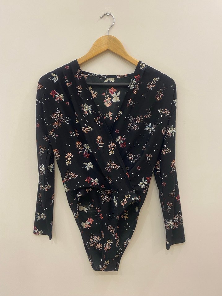 S/M uyumlu Çiçek Desenli Siyah Bohem Çıtçıtlı Kruvaze Kadın Bluz - Görsel 4