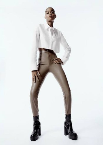 Zara XS/S uyumlu Vizon Deri Kışlık Slim Kadın Pantolon - Görsel 3