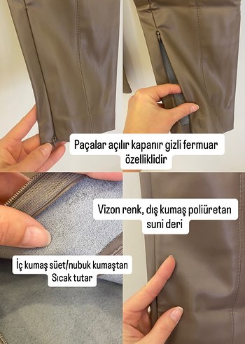 Zara XS/S uyumlu Vizon Deri Kışlık Slim Kadın Pantolon - Görsel 10