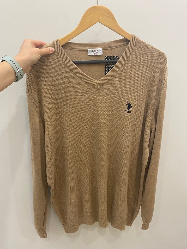 US Polo XXL Kum Beji V Yaka Erkek Pamuklu Triko Kazak - Görsel 2