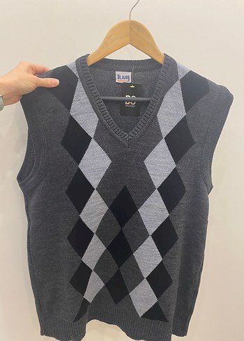 Gri V Yaka Baklava Desenli Erkek Süveter - Görsel 2