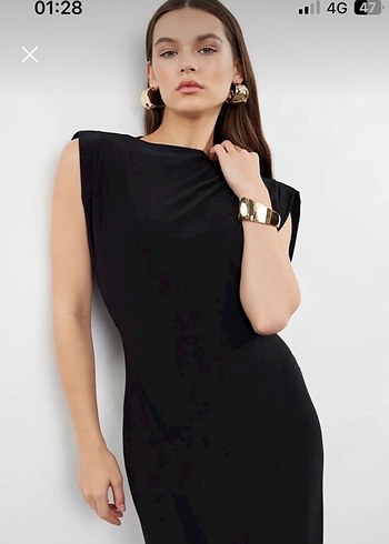 Siyah Yüksek Yakalı Midi Kadın Elbise - Görsel 3