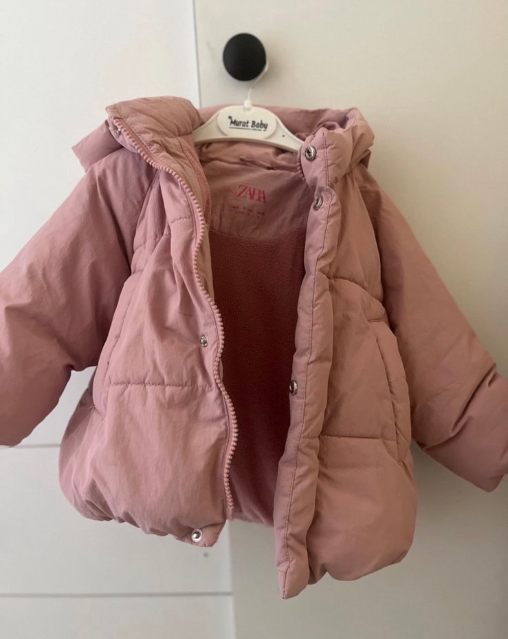 Kız Çocuk Pembe Kapüşonlu Düğmeli Mont - Görsel 3