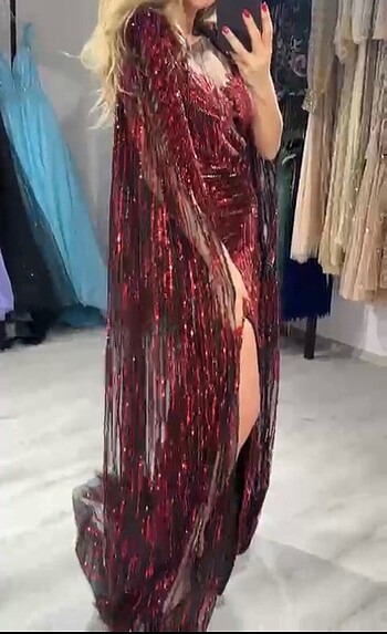 m Beden Kırmızı pul payet kırmızı inci işlemeli şık abiye