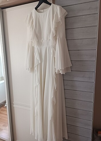 40 Beden Krem rengi uzun şifon nikah elbisesi