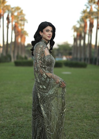 Uzun Drapeli Straplez Nakışlı Kadın Abiye - Görsel 2