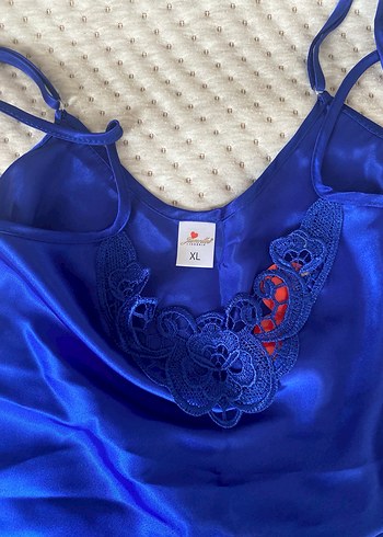 Nbb İşlemeli Mavi Mini Saten Pijama Takımı