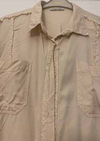 Bej Keten Uzun Kollu Salaş Kadın Gömlek - Görsel 3