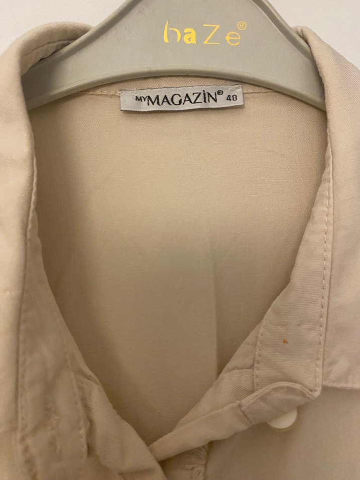 Bej Keten Uzun Kollu Salaş Kadın Gömlek - Görsel 2