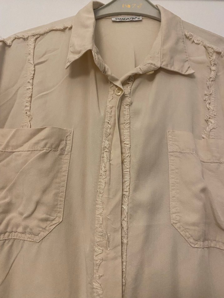 Bej Keten Uzun Kollu Salaş Kadın Gömlek - Görsel 3