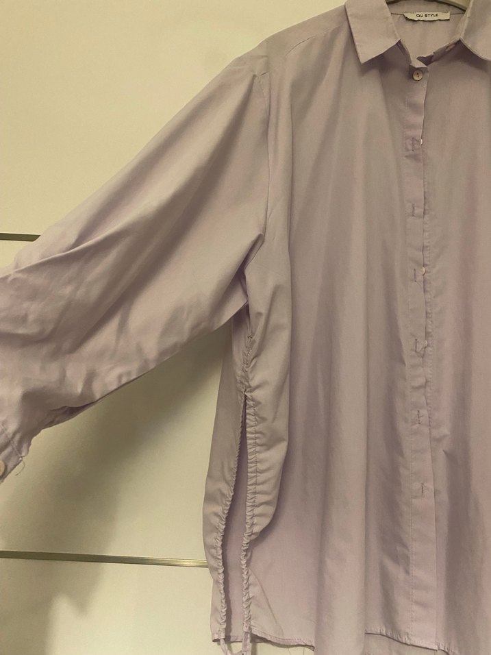 Düğmeli, Uzun Kollu Lila Keten Gömlek - Görsel 2