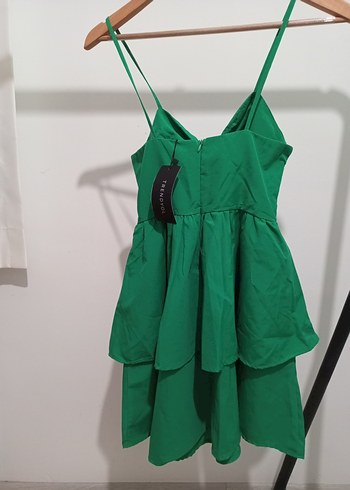 Yeşil Mini Kat Katlı İnce Askılı Elbise - Görsel 3