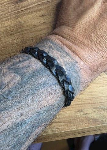 Erkek Siyah Örgülü Biker deri Bileklik - Görsel 3