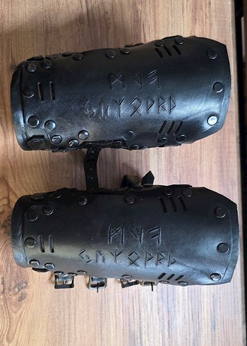 Gothic viking norse siyah gerçek deri bileklik kolcak - Görsel 2