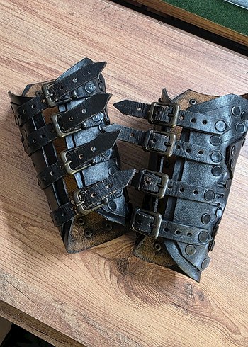 Gothic viking norse siyah gerçek deri bileklik kolcak - Görsel 6