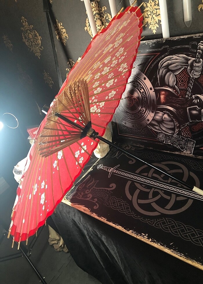 Uzak doğu kırmızı bambu Kağıt şemsiye - Görsel 3