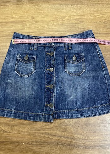 Düğmeli Mavi Batik Desen Kot Mini Etek - Görsel 3