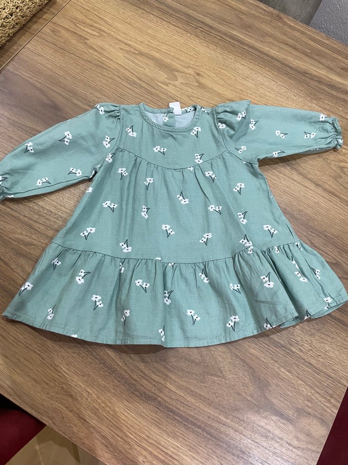 Kız Çocuk Yeşil Pamuklu Uzun Kollu Elbise - Görsel 3