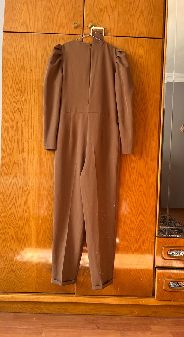 Bej Düğmeli Uzun Kollu Kadın Tulum - Görsel 4