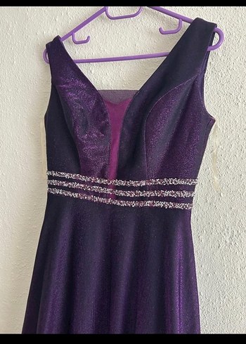 Uzun Mor V Yakalı Drapeli Abiye Elbise - Görsel 4