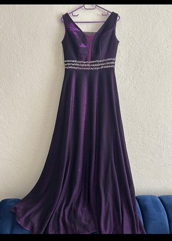 Uzun Mor V Yakalı Drapeli Abiye Elbise - Görsel 2