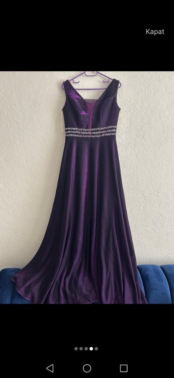 Uzun Mor V Yakalı Drapeli Abiye Elbise - Görsel 2