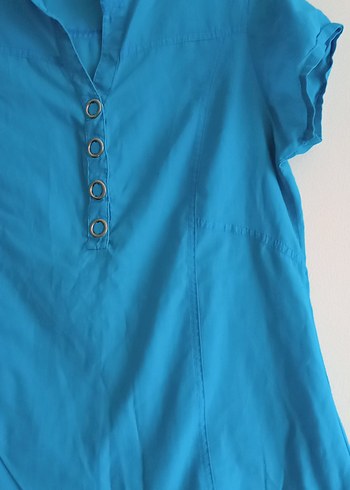 Düğmeli, Kısa Kollu Mavi Kadın Gömlek - Görsel 3