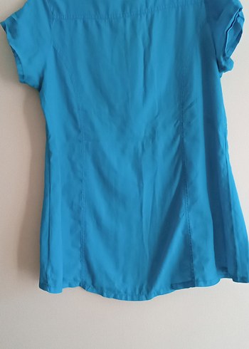 Düğmeli, Kısa Kollu Mavi Kadın Gömlek - Görsel 7