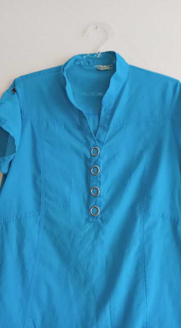 Düğmeli, Kısa Kollu Mavi Kadın Gömlek - Görsel 2