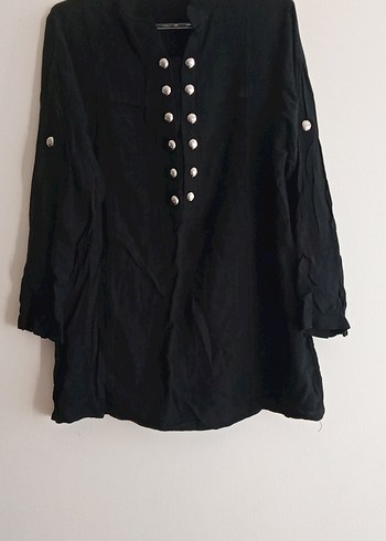 Düğmeli Siyah Keten Uzun Kollu Gömlek - Görsel 3