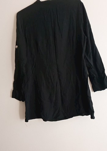 Düğmeli Siyah Keten Uzun Kollu Gömlek - Görsel 5